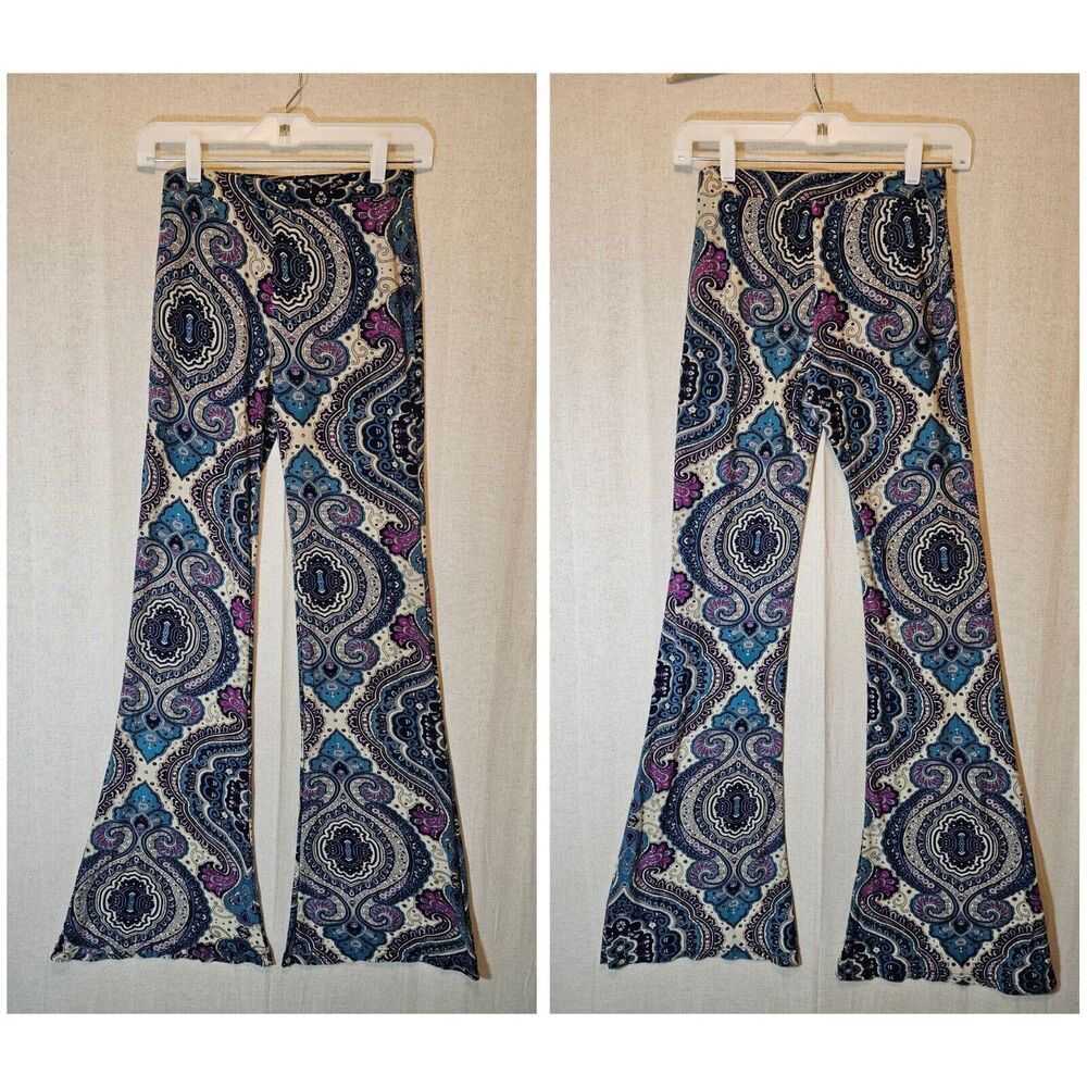 Shosho Bohemian Flare Paisley Leggings Tan Fuschia Teal Navy Blue Women's S / M